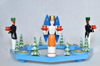 Lichterkranz – detailreich gestalteter Adventskranz mit Engel und Bergmann, blau – für Teelichter – 