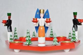 Lichterkranz – detailreich gestalteter Stern mit roten Figuren, Engel und Bergmann, naturbelassene