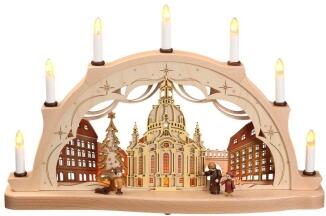 Schwibbogen - Dresdner Frauenkirche mit Marktfiguren und elektrischer Beleuchtung naturbelassen -