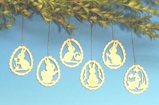 Baumschmuck – detailreiche Osterhasen in filigraner Laubsägeoptik, naturfarben – BxH = 6,8 x 6,8 cm