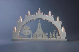 Schwibbogen – Handgefertigter Lichterbogen aus Naturholz mit Seiffener Kirche, beleuchtet – BxHxT