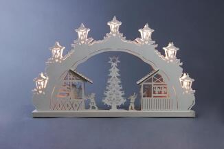 Schwibbogen – Handgefertigter Lichterbogen aus Naturholz mit Weihnachtsmarkt-Szene, beleuchtet –