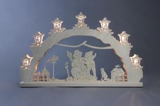 Schwibbogen – Handgefertigter Lichterbogen aus Holz mit Szene Kinder bauen Schneemann , beleuchtet –