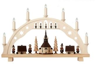 Schwibbogen Seiffener Kirche mit filigraner Kurrende, naturfarbener Holzleuchter aus dem Erzgebirge 