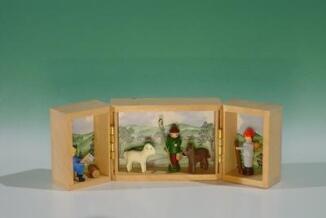 Miniatur – Landschaft mit Hirte im Klappkästchen naturfarben handgefertigt aus Holz – BxHxT ca.