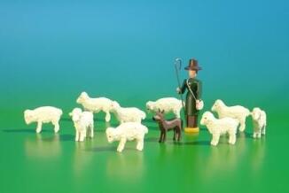 Miniaturfigur – Schafherde mit Hirte und Hund naturfarben handgefertigt aus Holz – BxHxT ca.