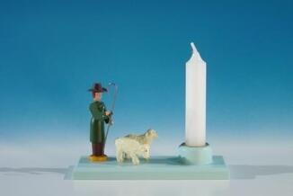 Kerzenhalter – liebevoller Hirte mit zwei detailreichen Schafen, naturfarben – BxHxT = 10.5 x 10.5 x