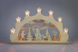 Schwibbogen – Handgefertigter Lichterbogen aus Naturholz mit Szene Schneemann im Wald , beleuchtet –