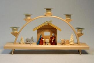Schwibbogen – detailreiche Christi Geburt mit bunt gebeizten Figuren und Kerzenhalter, hochwertiges 