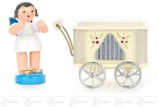 Engel an der Drehorgel stehend, blaue Flügel Höhe ca 5,5 cm