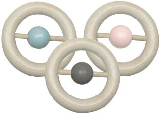 Babyspielzeug – liebevolle Rundrassel aus Buchenholz, bunt und fröhlich – BxHxT = 8.5 x 8.5 x 3 cm