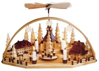 Weihnachtsberg – detailreich gestaltete Pyramide mit Schwibbogen, Seiffener Kirche und Figuren,