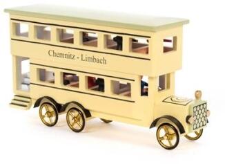 Miniaturfahrzeug Doppelstockbus mit bunten Details und Metallrädern, Holzmodell Chemnitz–Limbach von