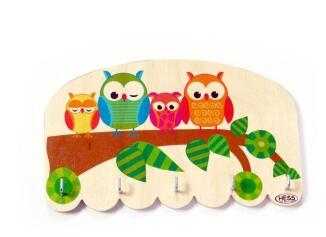 Schlüsselbrett mit farbenfrohem Eulenmotiv und 5 Haken aus Holz von Hess Holz Spielzeug, 24,5 cm