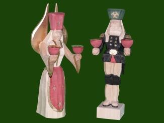 Figuren-Set – prachtvoller Engel mit Kerze und traditioneller Bergmann in festlichem Weiß-Gold und