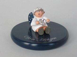 Zubehörsockel – liebevoll gestaltet, geeignet für Glücksengel 7 cm, blau mit Schriftzug „Von Herzen“