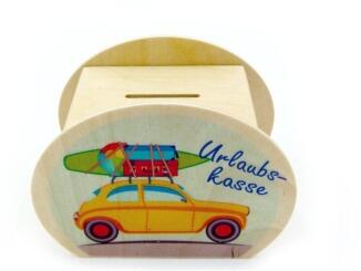 Spardose – bunte Holzdekoration mit Urlaubsmotiv und Schloss – BxHxT 11,5 x 8,5 x 6,5 cm