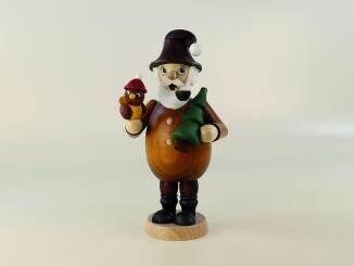 Räuchermann – detailreicher Wichtel mit Vogel, roter Mütze und Baum, naturfarben – BxHxT = 9 x 16,5 