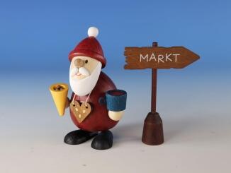 Miniaturfigur – fröhlicher Weihnachtsmarktbummler mit rotem Mantel und humorvollem Schild – BxHxT = 