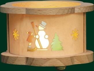 Teelichtlaterne – liebevoll gestalteter Schneemann mit Winterkind, farbig-transparente Motive –