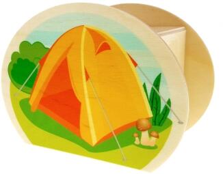 Spardose – liebevoll gestaltet mit Wohnmobil- und Zeltmotiv, mit Schloss und Schlüssel – BxHxT 6,5 x