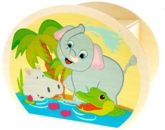 Spardose – buntes Dschungeltiermotiv mit Schloss und Schlüssel – BxHxT 6,5 x 8,5 x 11,5 cm