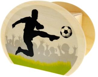 Spardose – buntes Fußballmotiv mit Schloss und Schlüssel – BxHxT 6,5 x 8,5 x 11,5 cm