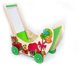 Holzspielzeug – toller Puppenwagen mit buntem Waldtiermotiv aus Holz – BxHxT 62 x 53 x 31 cm