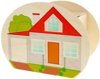 Spardose – farbiges Haus-Motiv mit Schloss und Schlüssel – BxHxT 6,5 x 8,5 x 11,5 cm