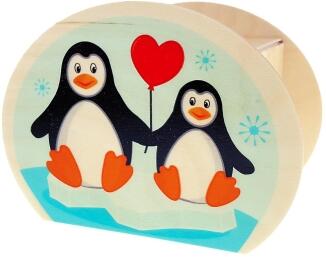 Spardose – fröhliche Pinguinemotive mit Schloss und Schlüssel aus Holz – BxHxT 6,5 x 8,5 x 11,5 cm