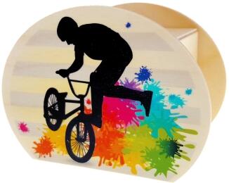 Spardose – buntes cooles BMX-Fahrer-Motiv mit Schloss und Schlüssel – BxHxT 6,5 x 8,5 x 11,5 cm