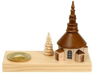 Kerzenhalter naturfarbene Seiffener Kirche mit Ringelbaum aus Holz von Drechslerei Schalling