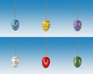 Ostereier – 6 handbemalte Holz-Eier mit Aufhängeband, farbenfrohe Muster – HxT ca. 3 x 2 cm