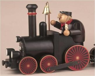 Räuchermann – detailverliebter Lokführer auf bunter Lok, mit schwarzem Hut und Arbeitsjacke – BxHxT 