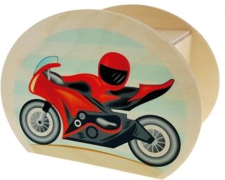 Spardose – sportliches Motorradmotiv mit bunten Verkehrszeichen – BxHxT 6,5 x 8,5 x 11,5 cm