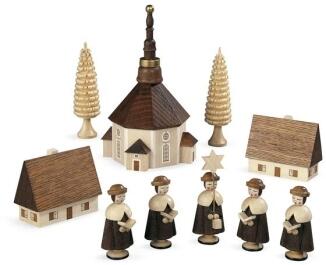 Weihnachtsdekoration – Kurrendegruppe an der Seiffener Kirche mit Häuschen und Ringelbäumen – BxHxT 