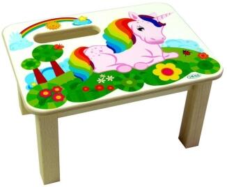 Fußbank mit buntem Einhorn-Motiv aus Holz von Hess Holz Spielzeug, stabile Kinderbank mit Regenbogen