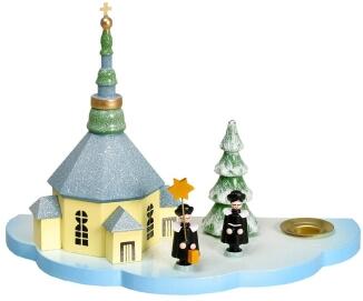 Kerzenhalter – kunstvolle Seiffener Kirche mit detailreichen Kurrendefiguren, bunt lackiert – HxB = 
