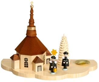 Kerzenhalter – detailreiche Seiffener Kirche mit Kurrendefiguren und Ringelbäumchen, naturfarben –