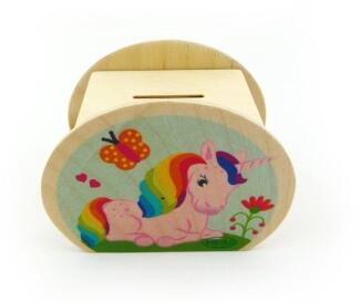 Spardose – fröhliches Einhornmotiv in bunten Farben, mit Schloss und Schlüssel – BxHxT 11,5 x 8,5 x 
