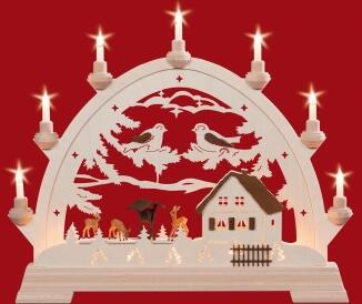 Schwibbogen – idyllisches Waldhaus mit grazilen Rehen, naturfarben, elektrisch beleuchtet – BxHxT = 