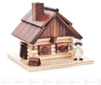 Räucherhaus – liebevolle Bergbaude mit Wanderer, detailreich bemalt, naturfarben – BxHxT = 11 x 10 x