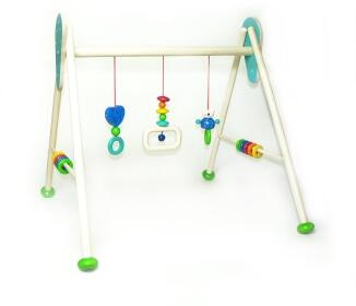 Babyspielgerät – farbenfroher Bär Tim mit bunten Perlen und beweglichen Figuren aus Holz – BxHxT =