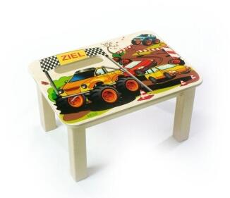 Fußbank – fröhliches Monstertruck-Design in bunten Farben aus Holz von Hess Holz Spielzeug mit