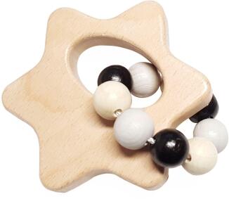 Babyspielzeug – farbenfrohe Greifrassel mit Stern und Perlenkette – BxHxT 8,5 x 11 x 5 cm