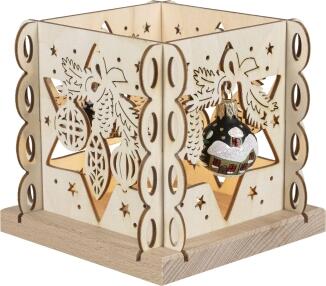 Teelichtlaterne – stimmungsvolles Weihnachtsmotiv mit bunten Glaskugeln, naturfarben – BxHxT = 12 x 