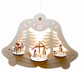 Fensterbild el. bel.Glocke mit Geburt, Hirte, Schafe und Könige Farbig BxHxT 37x28x10cm