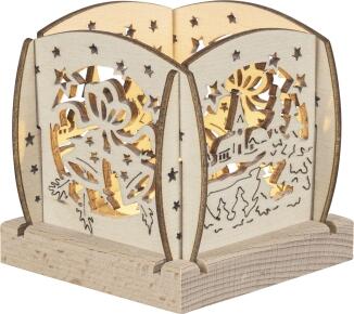 Teelichthalter – zauberhafte Laterne mit Christi-Geburt-Motiv, filigrane Laubsägeoptik, naturfarben 