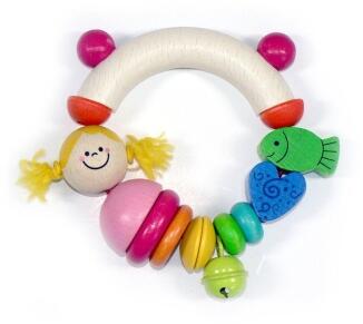 Babyspielzeug – farbenfrohe Rassel mit Badenixe und bunten Kugeln – BxHxT 9.5x10x3.5 cm