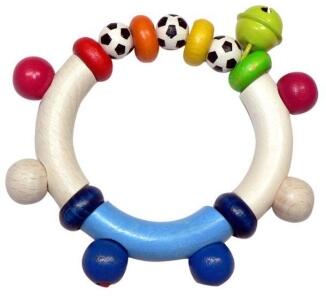 Babyspielzeug – Rassel mit Fußballmotiven und Glöckchen aus Holz – BxHxT 10 x 10 x 1,8 cm